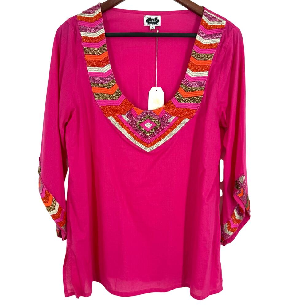 NEW NWT Mud Pie Large 12-14 Womens Pink Beaded Wearable Art Shirt Top Blouse